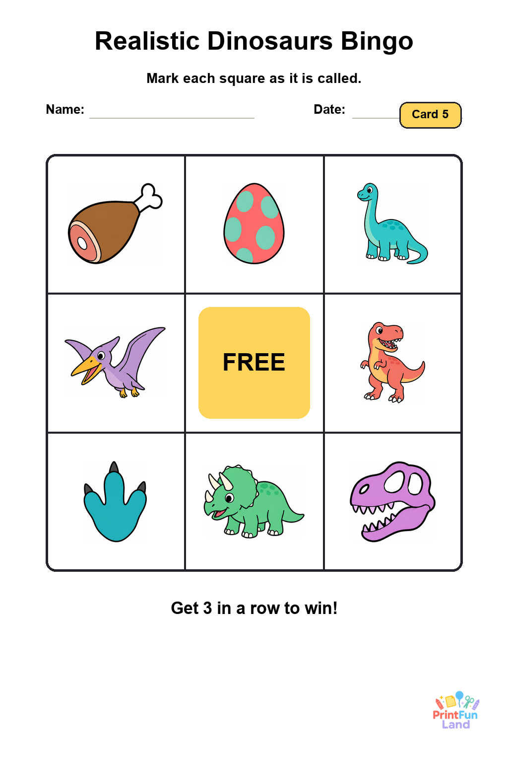 Realistic Dinosaurs Bingo for Preschoolers printable page 5
