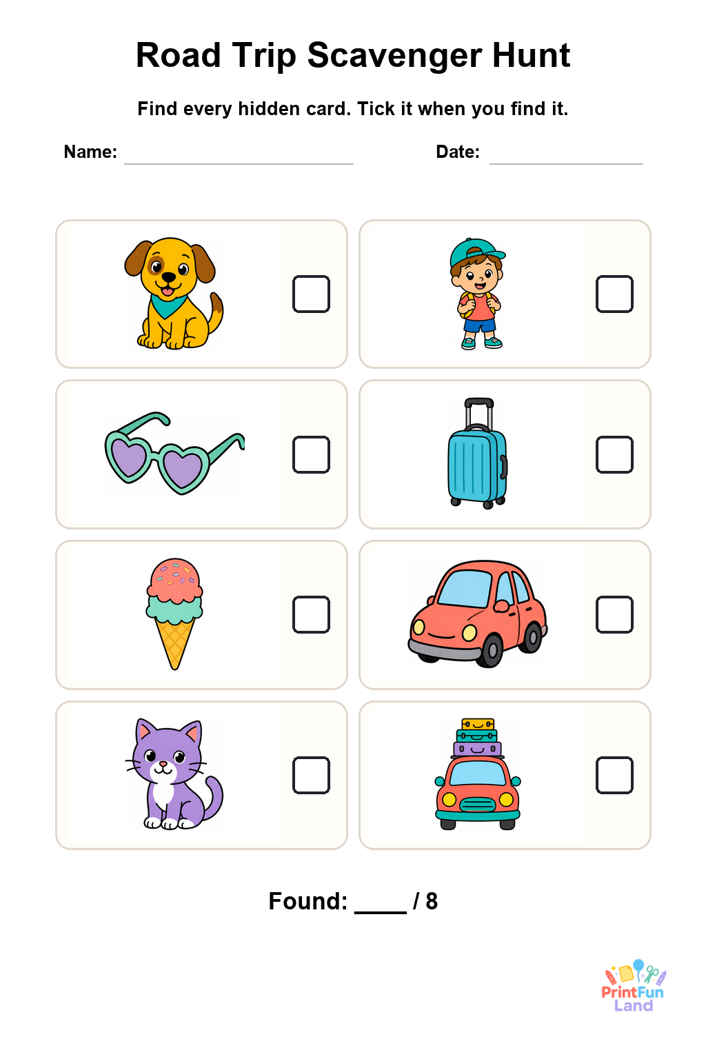 Road Trip Scavenger Hunt for Preschoolers printable page 1